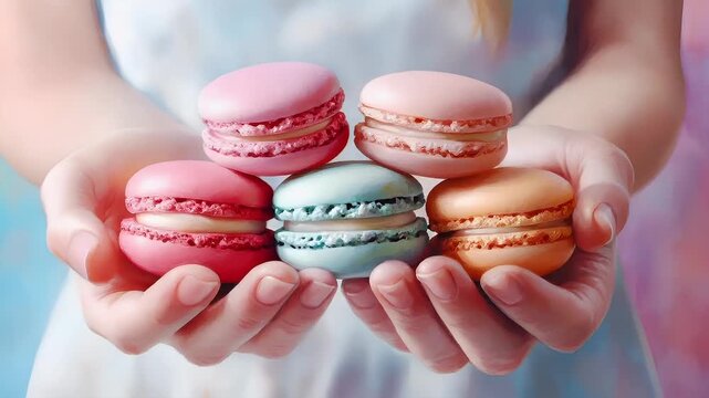 Paris, France, Europe. A person holding a handful of macarons in their hands against a pastelcolored background. The person is wearing a white dress.