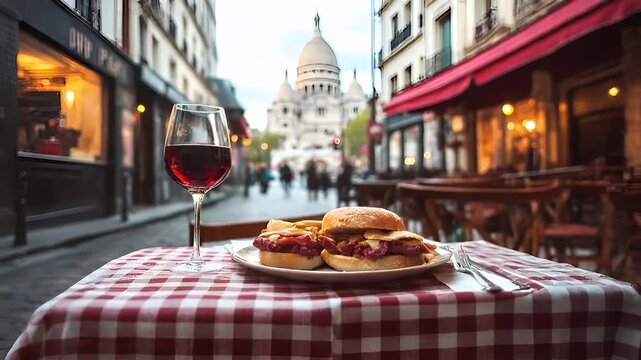 Paris, France, Europe. Blunt, detailed, and concise description Parisian street scene with red wine glass and burger on table, Parisian cafe, and Sacre Coeur dAtelier in the background, Paris.