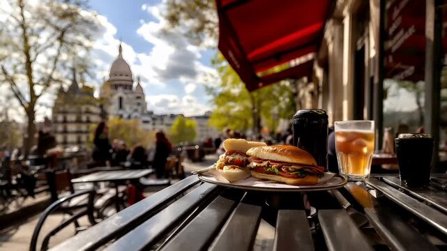 Paris, France, Europe. Aerial view of a Parisian cafe setting with a view of the Basilica of the Sacred Heart of Paris in the background. The scene is framed by a red awning.