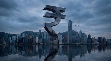3D Indian Rupee Symbol Floating Over Modern City Skyline - Finance and Economy Concept
