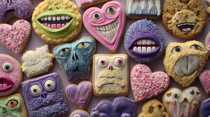 Surreal cookies for valentine with dreamlike heart shapes and playful romantic textures