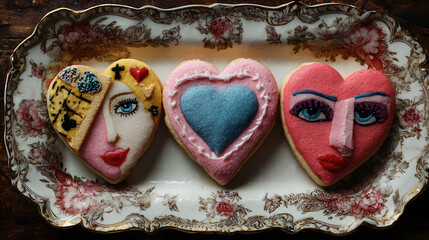Surreal cookies for valentine with dreamlike heart shapes and playful romantic textures