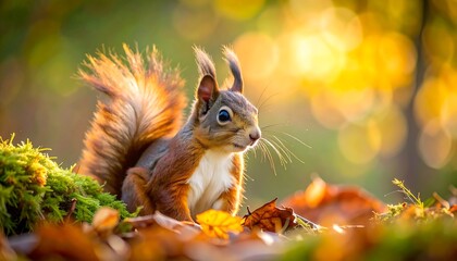 Red squirrel sits on mossy ground amidst fallen leaves in a forest with blurred, golden sunlight background