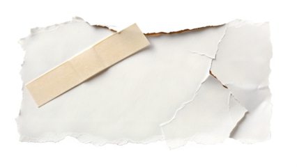 A textured torn piece of white paper with rough edges and a beige strip lies flat, perfectly isolated on a transparent background.