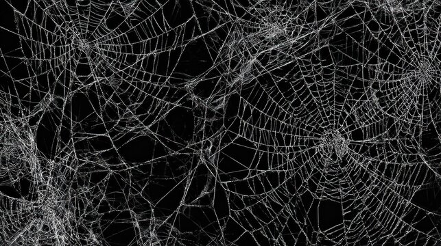 Thick spider webs stretch across a black background, forming a complex design. Each web showcases fine strands reflecting light in various areas