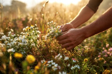 Hands picking wildflowers in a meadow