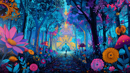 Tripping backdrop with an alice in wonderland inspired surreal fantasy scene