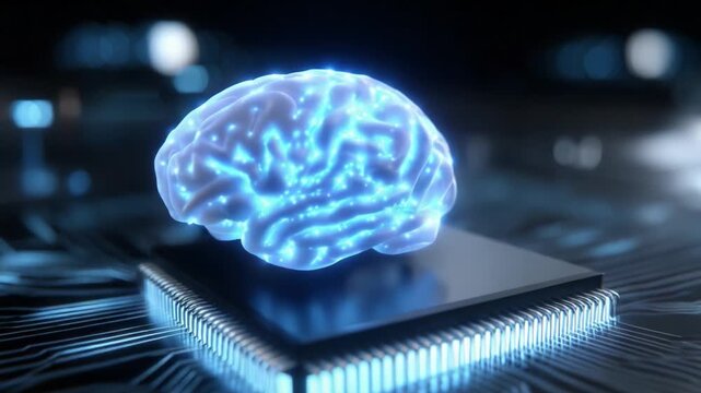 A futuristic visualization of a glowing human brain connected to a microchip, symbolizing the merging of neuroscience and technology, representing advanced intelligence and artificial cognition.