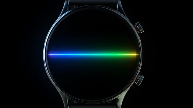 Health monitor watch face shines with neon colors as it displays heart rate data clearly in a dark setting