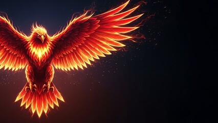 Majestic Fiery Phoenix Spreading Wings in Dark Background.