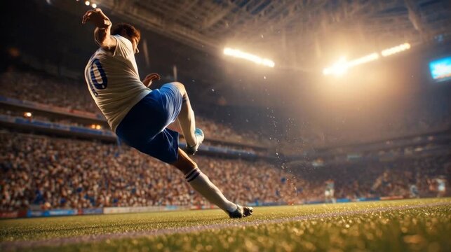 An action shot of a soccer player kicking the ball in a packed stadium