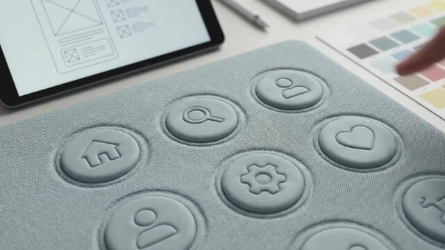 Touchable fabric buttons with visual icons for user interface design, interactive control, and innovative touchable design on fabric surface