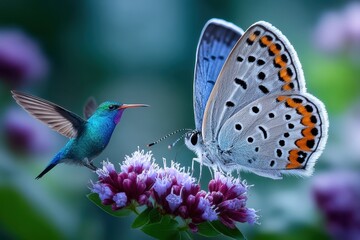 Obraz premium Hummingbird and Butterfly on Purple Flower