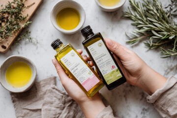 Hands comparing labels of two cooking oils