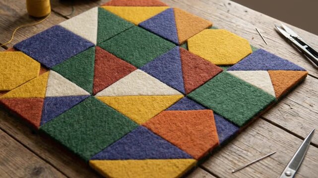 Colorful geometric felt pieces arranged wooden table create handmade textile fabric craft design with scissors and thread nearby for visual art
