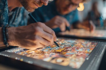 Friends designing digital art on tablet