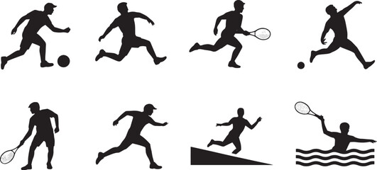Obraz premium Black Silhouettes of Men Playing Tennis, Soccer, and Swimming