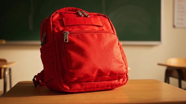 A bright red backpack resting on a wooden desk in a classroom.
