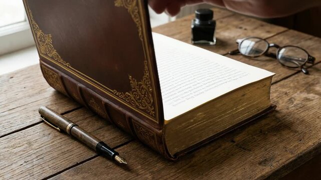 Vintage book with ornate cover and fountain pen on wooden table near ink bottle creating classic touchable visual design atmosphere