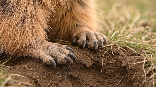 Close-up of a beaver's powerful front paws and sharp claws actively digging in the soil, creating a burrow. Detailed shot of the animal's digging motion.
