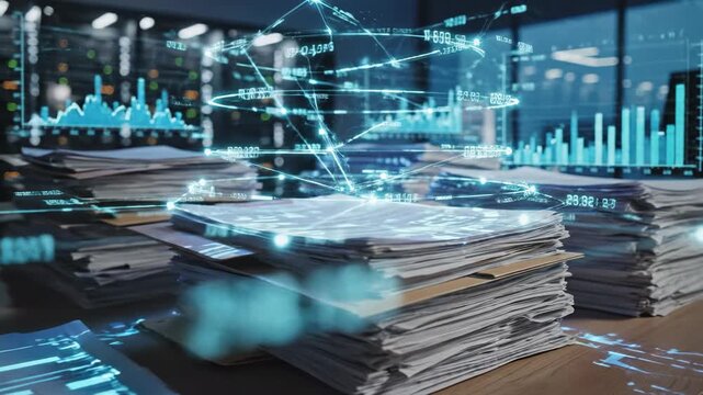 Stacks Of Documents On Desk With Holographic Analytics And Charts Projected Above, Server Racks In Background, Data Digitization And Visualization Of Business Metrics, Archive To Digital