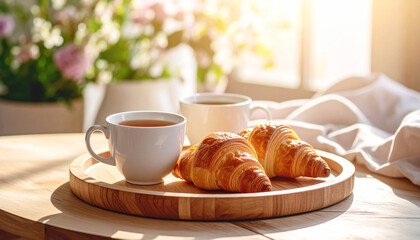 Breakfast of tea and buttery croissants on a round bamboo tray. AI