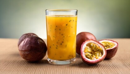 freshly squeezed passion fruit juice served in a clear glass with whole and sliced fruits beside it