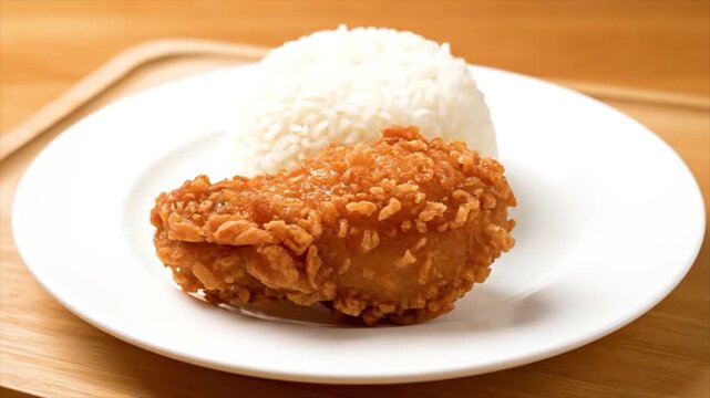 Delicious crispy fried chicken drumstick served with fluffy white rice on a clean plate, capturing a classic and comforting meal experience perfect for lunch or dinner