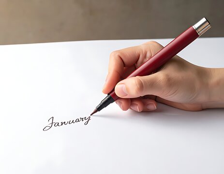 Hand writing the word January with a red pen on white paper.