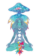 Vector illustration of a woman with mushrooms in a New Age psychedelic style. Concept of psilocybin, consciousness expansion, yoga, spirituality, and hippie culture with symbolic, colorful details.