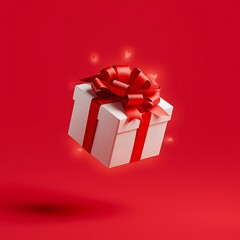 A white gift box tied with a red ribbon and bow floats on a red background