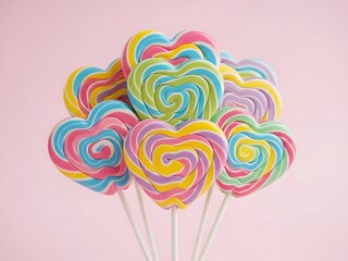 A vibrant bouquet of colorful heart shaped swirl lollipops on sticks against a soft pink background