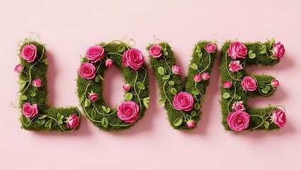 Green moss letters spelling LOVE decorated with pink roses and vines