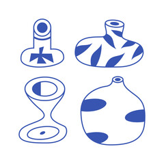Abstract Ceramic Vase Collection with Organic Shapes and Minimal Blue Line Style on White Background.