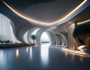 spacious interior with flowing architectural design and glowing lights creates harmony