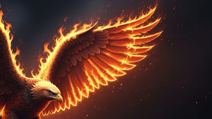 Fiery eagle with blazing wings on dark background.