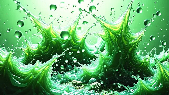 Dynamic bursts explode resin bubble texture, weaving bold designs on a green background, with shimmering crystals floating in a vibrant, energetic scene at midday.
