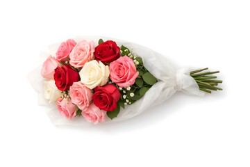 Elegant Red, Pink and White Rose Bouquet Wrapped in Tissue Isolated on White Background