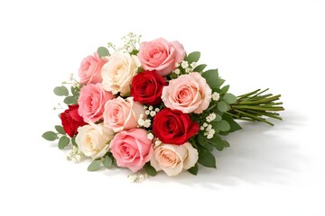 Beautiful Red, Pink and White Rose Bouquet with Green Leaves Isolated on White Background