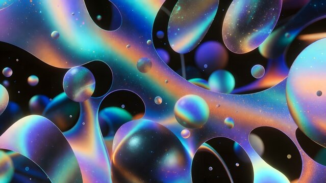Abstract macro view of flowing liquid shapes and spheres with intense iridescent holographic colors creating surreal and vibrant texture - Powered by Adobe