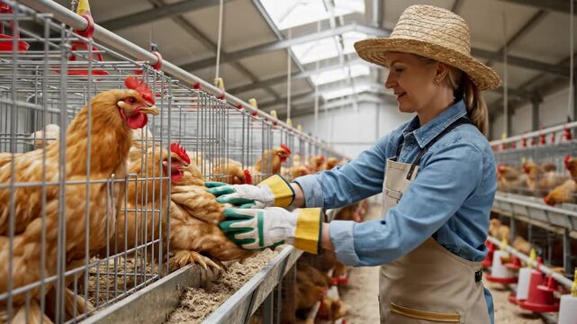 Farmworker Inspects Hens, Agricultural Worker Examines Hen Enclosures And Gathers Eggs Carefully, Female Farm Laborer Inspects Poultry Cages And Carefully Collects Eggs Along Feeding Lines