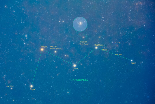 Star Map of Cassiopeia and Guide: How to find Deep Sky Objects