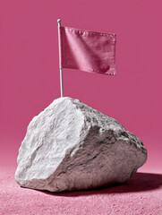 Pink flag on a large rock against a pink background.
