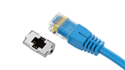 A blue ethernet cable with an rj45 connector alongside a network keystone jack
