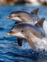 Fototapeta premium Two dolphins jumping out of the ocean water.