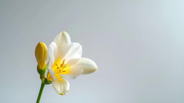 フリージアの花が画面片側に配置され、白や淡いグレー背景と広い余白が商用利用に適した構図。
柔らかな自然光とわずかな影の揺らぎ、微風で花弁が控えめに動く早春の軽やかな雰囲気。