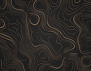 Fototapeta premium Dark backdrop covered in golden wavy lines and concentric shapes, simulating topographical contour lines