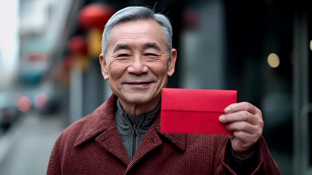 Chinese lunar new year holiday celebration. Spring festival tradition. Chunjie. Asia. A man in a red coat holds a red envelope against a blurred urban backdrop.