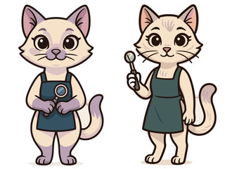 Obraz premium Two cartoon cats dressed in aprons holding tools symbolize creativity and craftsmanship in a casual setting