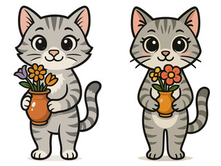 Obraz premium Two cute cartoon cats holding flower vases in a bright and cheerful setting